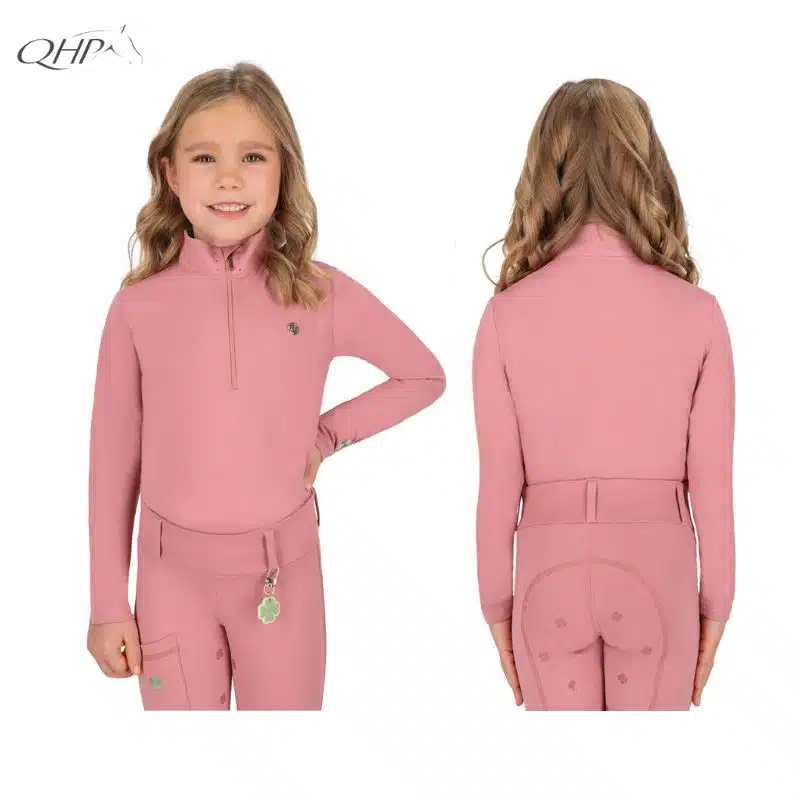 Polo d'équitation junior Lucky Start QHP rose vue face et dos