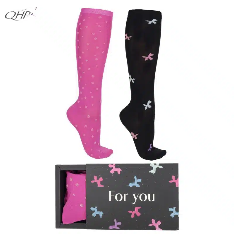 Coffret 2 paires de chaussettes d’équitation Isalyn QHP noir fuchsia