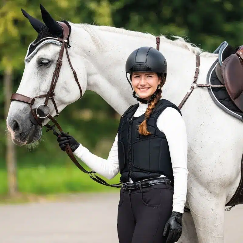 Gilet de cross Level 3 QHP noir porté par une cavalière de concours Gilet de cross niveau 3 QHP pour cavalier