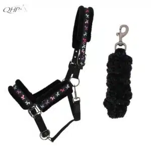 Set licol et longe Isalyn QHP noir licorne ALT : Set licol et longe Isalyn QHP noir doublé fausse fourrure mouton