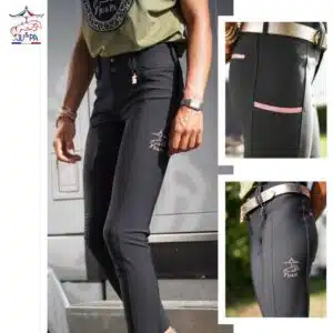 Pantalon d’équitation Olivia Ju et Pa – Noir & Rose Pantalon équitation Olivia Ju et Pa noir rose porté