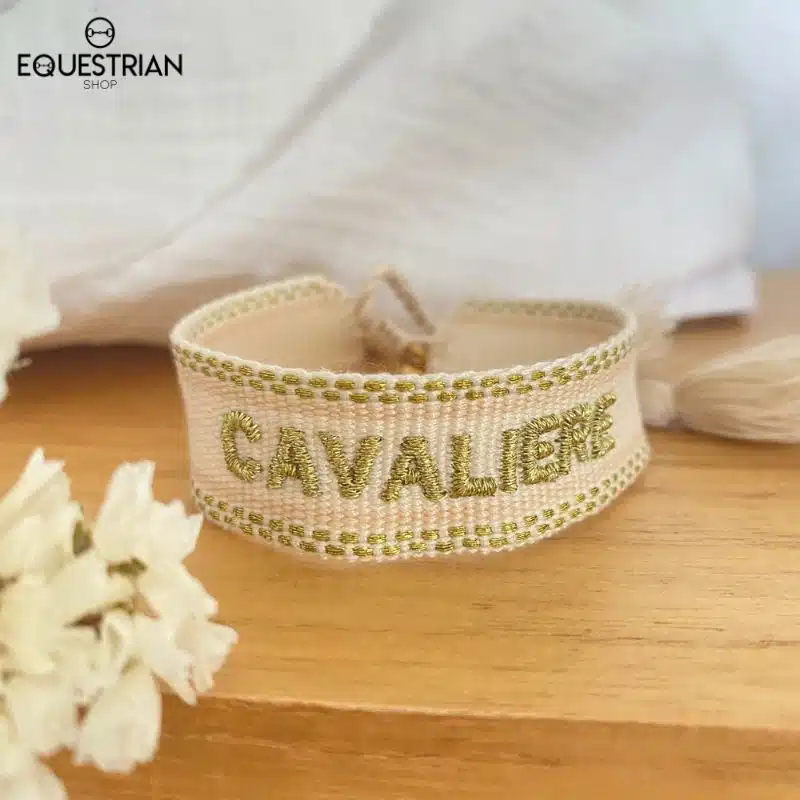 Bracelet Cavalière beige EQUESTRIAN SHOP en tissu avec broderie dorée