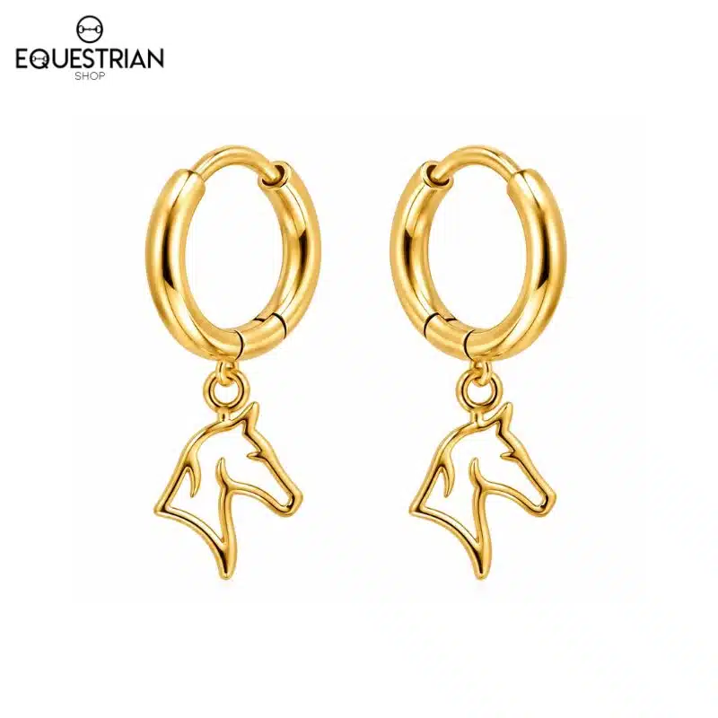 Boucles d’oreilles créoles Spirit dorées avec pendentif tête de cheval Equestrian Shop