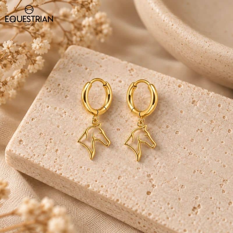 Boucles d’oreilles créoles Spirit dorées avec pendentif tête de cheval Equestrian Shop