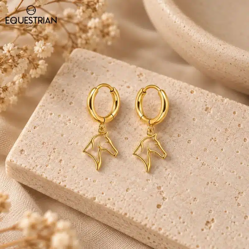 Boucles d’oreilles créoles Spirit dorées avec pendentif tête de cheval Equestrian Shop