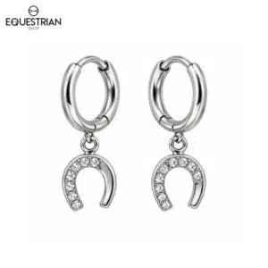Boucles d’oreilles créoles Alix EQUESTRIAN SHOP argentées avec pendentif fer à cheval et strass