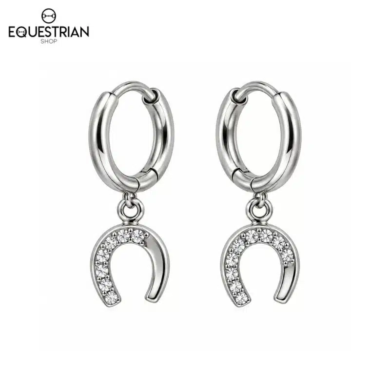 Boucles d’oreilles créoles Alix EQUESTRIAN SHOP argentées avec pendentif fer à cheval et strass