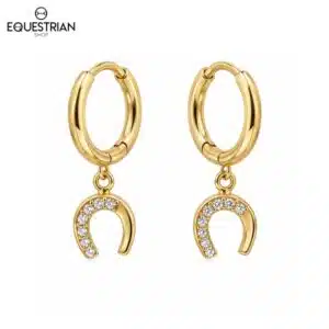 Boucles d’oreilles créoles Alix EQUESTRIAN SHOP dorées avec pendentif fer à cheval orné de strass