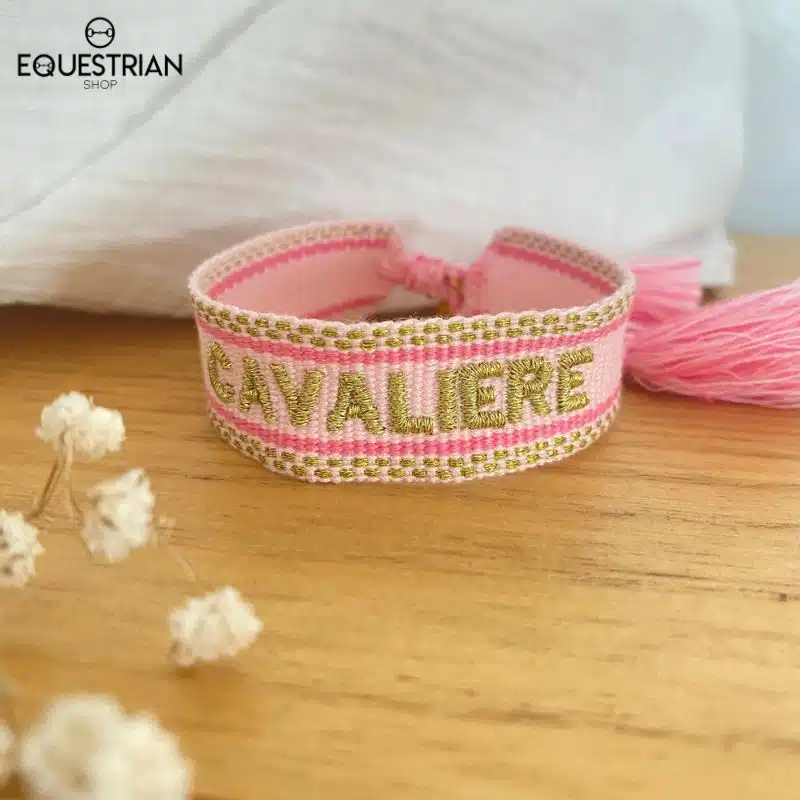 Bracelet Cavalière rose EQUESTRIAN SHOP en tissu avec broderie dorée