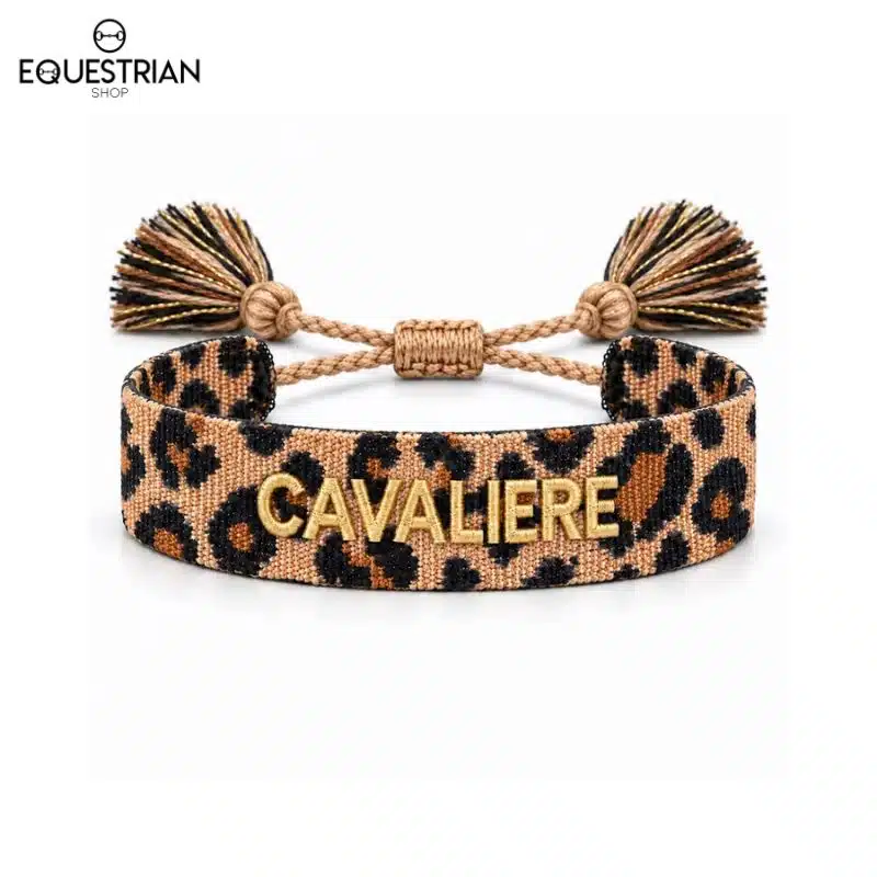 Bracelet Cavalière Léopard EQUESTRIAN SHOP broderie or, vue de face sur fond uni