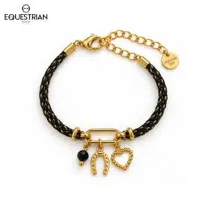 Bracelet Epona EQUESTRIAN SHOP noir avec perle sombre, fer à cheval et charm cœur, vue de face