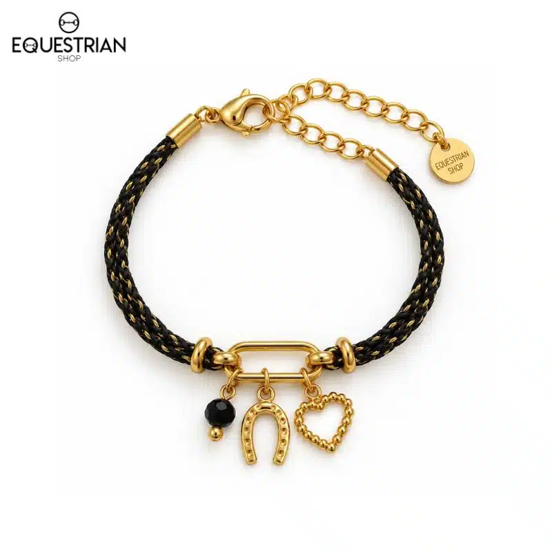 Bracelet Epona EQUESTRIAN SHOP noir avec perle sombre, fer à cheval et charm cœur, vue de face
