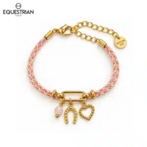 Bracelet Epona EQUESTRIAN SHOP rose avec perle rose et charms fer à cheval et cœur, vue de face