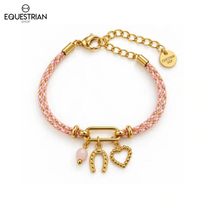 Bracelet Epona EQUESTRIAN SHOP rose avec perle rose et charms fer à cheval et cœur, vue de face