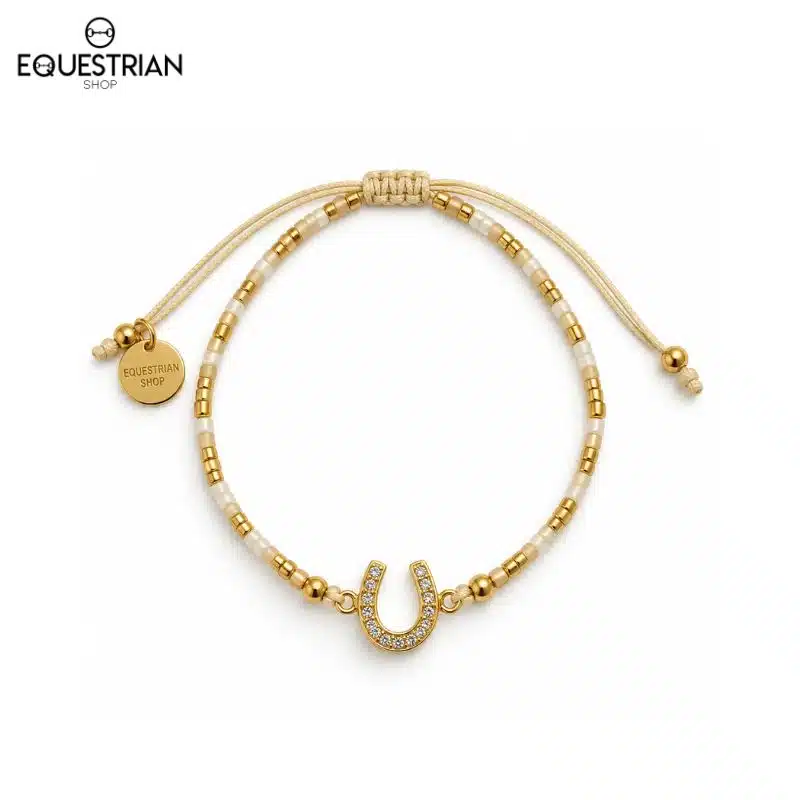 Bracelet Summer EQUESTRIAN SHOP beige vu de face avec fer à cheval serti de strass et détails dorés