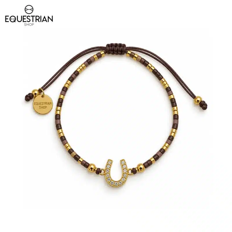 Bracelet Summer EQUESTRIAN SHOP marron choco vu de face avec perles colorées et fer à cheval serti de strass