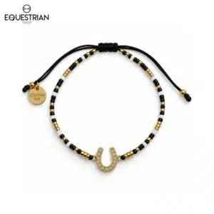 Bracelet Summer EQUESTRIAN SHOP coloris noir avec fer à cheval serti de strass et perles aux détails dorés