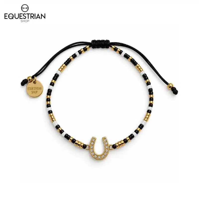 Bracelet Summer EQUESTRIAN SHOP coloris noir avec fer à cheval serti de strass et perles aux détails dorés