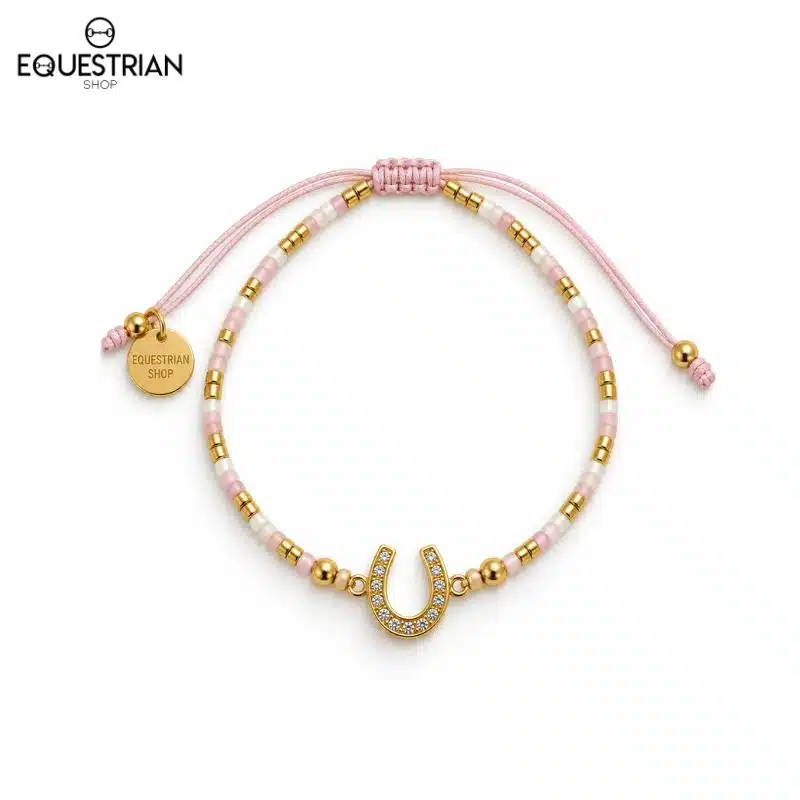 Bracelet Summer EQUESTRIAN SHOP rose vu de face avec perles et fer à cheval serti de strass