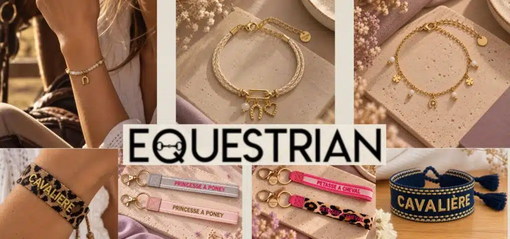 EQUESTRIAN – Bracelets et porte-clés au style équestre Bannière EQUESTRIAN présentant des bracelets brodés et des porte-clés aux détails dorés inspirés de l’équitation