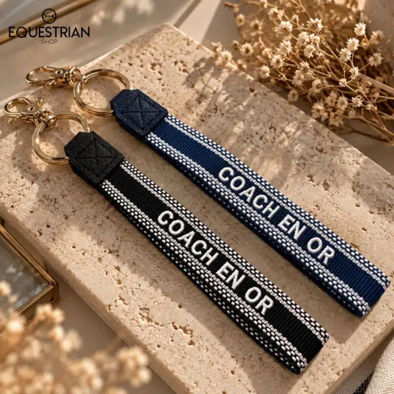 Porte-clés Coach en Or EQUESTRIAN SHOP présentés en deux coloris, noir et marine, avec broderie et anneaux dorés