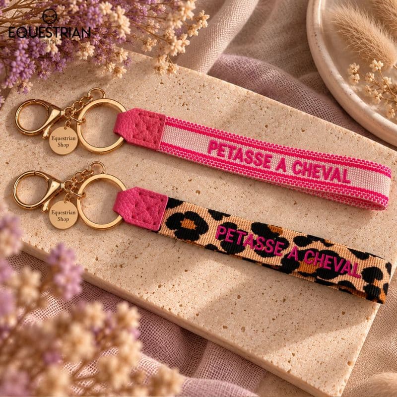 Porte-clés Pétasse à Cheval EQUESTRIAN SHOP présentés en coloris léopard et rose avec inscription brodée et attaches dorées