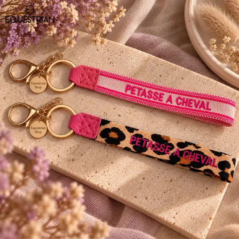 Porte-clés Pétasse à Cheval EQUESTRIAN SHOP présentés en coloris léopard et rose avec inscription brodée et attaches dorées