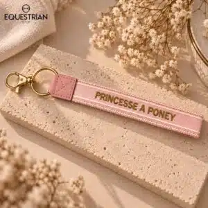Porte-clés Princesse à Poney EQUESTRIAN SHOP coloris rose avec inscription brodée et accessoires dorés