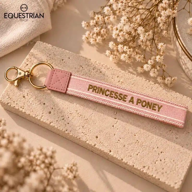 Porte-clés Princesse à Poney EQUESTRIAN SHOP coloris rose avec inscription brodée et accessoires dorés